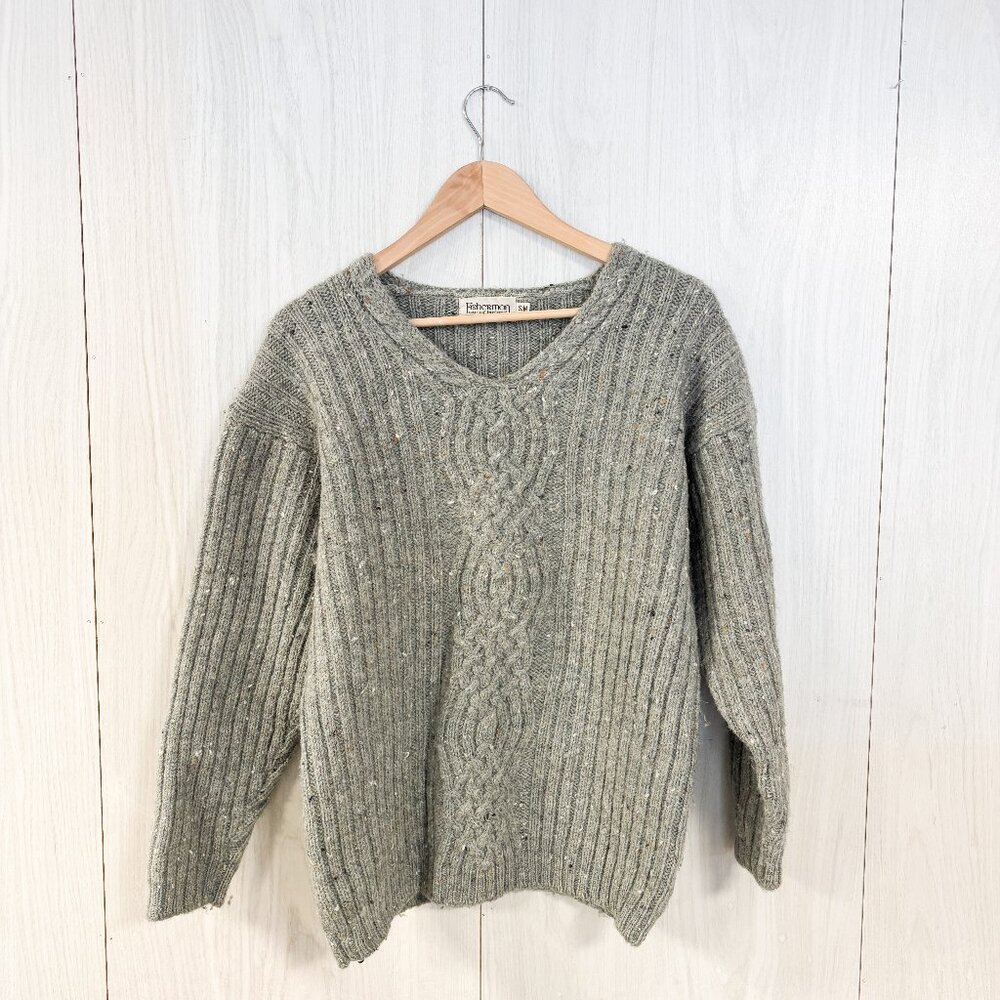 Fisherman Out of Ireland 100% Wool V-Neck Pullover Cable Knit Sweater